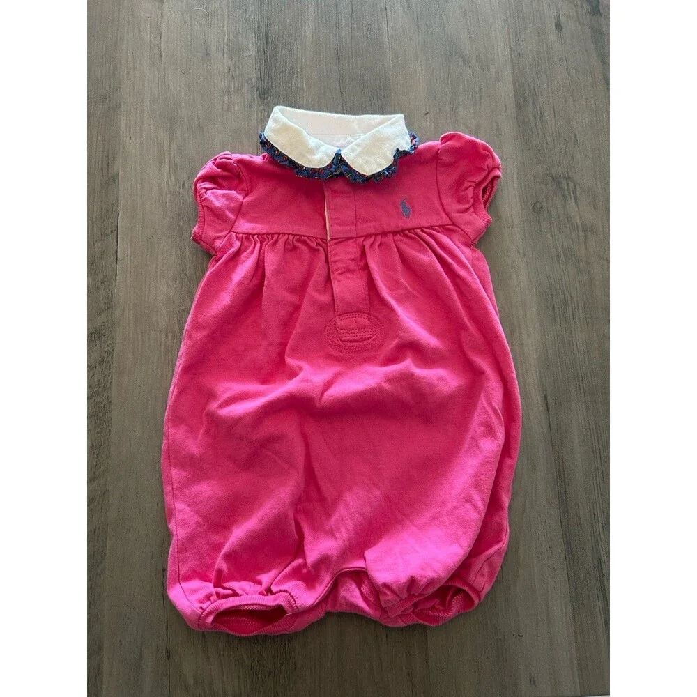 RALPH LAUREN Baby Girls Pink Ruffled Short Sleeve Romper sz.9M